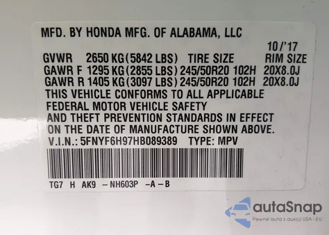 2017 Honda Pilot Touring z USA, uszkodzony, nr VIN 5FNYF6H97HB089389